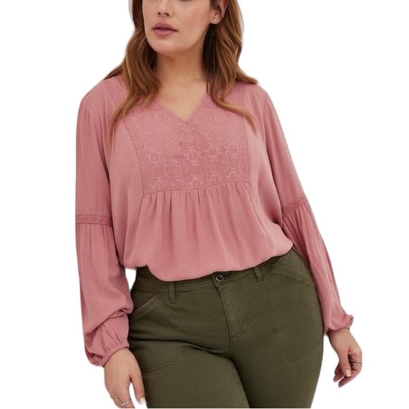 Torrid Crinkle Gauze Embroidered Top pink long sleeve tunic size 1XL - Picture 1 of 13